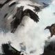 Large triptych oil painting of crows in flight Lynne Mitchell